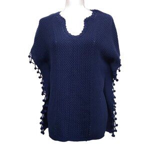 Lilly Pulitzer Poncho navy Blue Boho Hippie 60s Coastal Fringe Tassel Knit Top